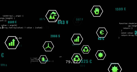 Showing hexagonal icons floating on digital dashboard, with green symbols, teal currency and code....