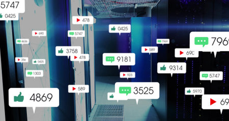 Glowing server rack cabinets under blue LEDs in data center corridor. Technology, data,...