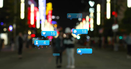 Walking pedestrians in jackets moving through neon street, with floating reaction icons. Neon,...