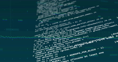 Stylized code blocks floating in data space with numeric labels, dotted line graphs, grid overlays....