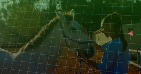 Asian woman holding halter and caressing white horse in riding arena with wooden fence, copy space. Equestrian, rural, pastoral, outdoor, serenity, wellness, trainingの写真素材