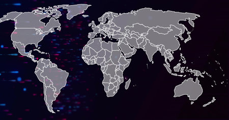 Displaying map with gray continents and white borders on dark screen, with red and blue particles....