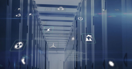 Drifting energy icons between server racks in data center hall, with cable trays, floor panels....