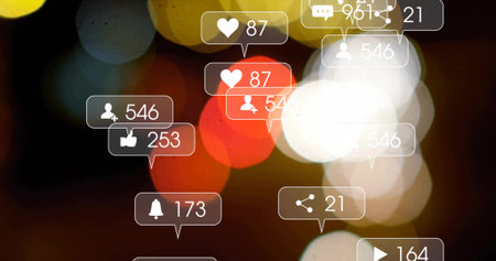 Floating notification bubbles appearing on dark bokeh digital interface, with counters and icons. Abstract, futuristic, vibrant, interface, digital, technology, socialの写真素材