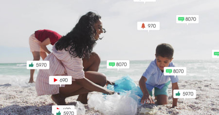 Cleaning mom and kids gathering plastic debris on sandy beach, with notification icons. Environment, conservation, sustainability, community, eco-friendly, outdoor, harmonyの写真素材