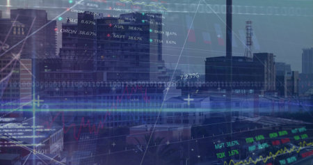Displaying office tower cluster overlaying downtown skyline, with floating financial data graphics. Urban, technology, modern, analytics, data visualization, corporate, skylineの写真素材