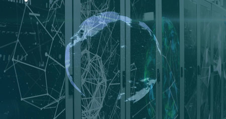 Displaying holographic digital globe overlaying server racks at data center, with network nodes. Technology, data infrastructure, cybersecurity, futuristic, digital environment, network connectivityの写真素材