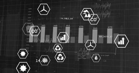 Presenting dashboard displaying environmental metrics on grid, with bar chart and hexagonal icons. Analytics, sustainability, data, visualization, technology, innovation, digitalの写真素材