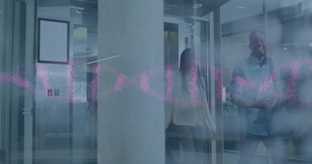 Walking two colleagues in suits through glass corridor with elevator doors, pink waveform overlay. Modern, corporate, architecture, technology, collaboration, sleek, professionalの写真素材