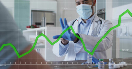Doctor in lab coat stethoscope putting on blue gloves at clinic counter, with supplies, data graph....
