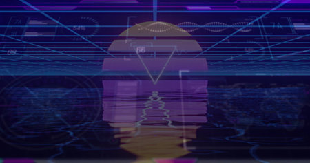 Glowing neon sun reflecting on glitchy water in futuristic space, with neon grid and UI elements. Cyberspace, digital, futuristic, vibrant, geometric, immersive, high-techの写真素材