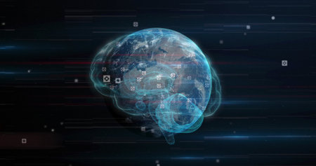 Showing brain shaped overlay wrapping around Earth globe in digital space with floating data icons....