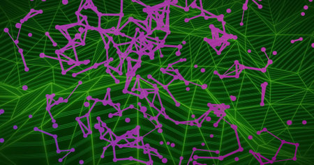 Displaying purple nodes with connecting lines over green wireframe mesh grid in digital environment....