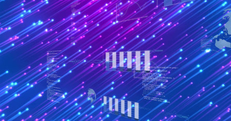 Streaming neon diagonal light streaks across data network, with code snippets and bar chart blocks....