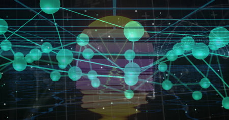Network of green spheres floating, linking via cyan lines in digital grid, with gradient orb....