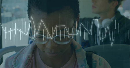 Scanning woman wearing eyeglasses and wired earphones analyzing data on bus with line graph overlay....