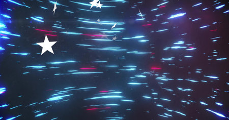 Radiating warp-speed light tunnel effect in outer space, with blue-red streaks and white star icons. Digital, futuristic, dynamic, cosmic, energetic, sleek, vibrantの写真素材