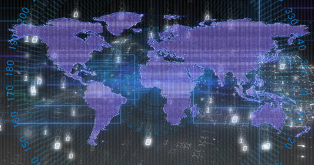 Displaying purple world map on digital grid, streaming binary digits and floating numeric overlays....