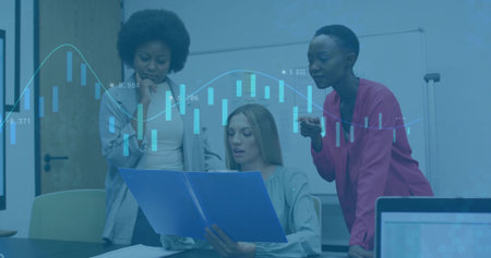Analyzing charts by three women around conference table with whiteboard, blue folder and coffee mug. Business, teamwork, collaboration, professionalism, analytics, presentation, modernの写真素材