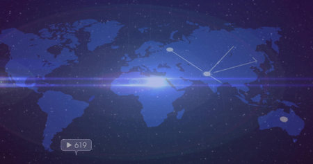 Displaying world map at dashboard, with network nodes, lens flare, UI overlay showing play icon 619....