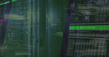 Displaying server rack with cables in data center, showing green code and encryption progress panel....