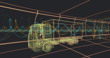 Rendering neon wireframe cargo truck hovering within 3D grid tunnel, with blue-yellow wave loops. Futuristic, technology, digital, innovation, engineering, virtual, abstractの写真素材