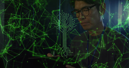 Mature Korean man wearing glasses examining tablet in dim server bay, with green network overlay....