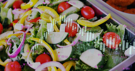 Displaying metal tray holding salad at buffet. Fresh produce, healthy eating, dining, gastronomy, nutrition, culinary, organicの写真素材