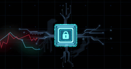 Displaying glowing padlock icon on virtual security panel, neon blue circuits and red green graphs. Cybersecurity, digital, technology, innovation, data, protection, interfaceの写真素材