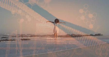 Balancing sundress-clad woman extending arms on shoreline at dusk with rocks. Scenic, wellness,...