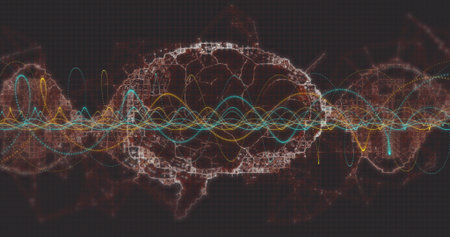 Displaying node-and-edge network glowing over dark grid, with colorful sine-wave lines and dots....