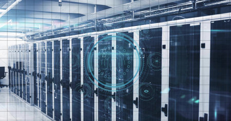 Showing server racks standing in data center aisle, with tinted glass doors and digital overlay....