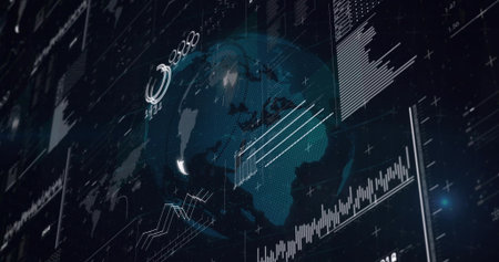 Displaying rotating globe at center in data display overlaying line charts bar graphs and readouts. Futuristic, digital, analytics, visualization, technology, data, dashboardの写真素材