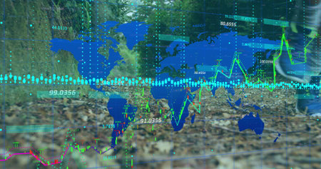 Running male runner's legs stepping on forest trail, with world map and line charts, copy space....