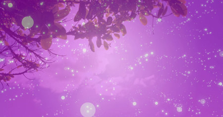 Glowing leafy branches reaching through purple sky in park at dusk, with glowing orbs and sparkles....