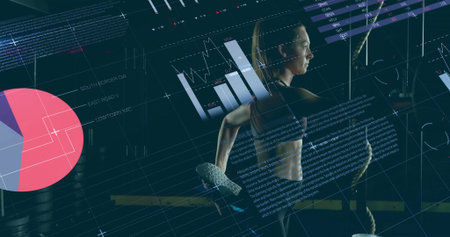 Pulling athlete wearing sports bra with leggings at gym, gripping rope amid plates and data overlay. Fitness, technology, innovation, strength, training, digital, athleticismの写真素材