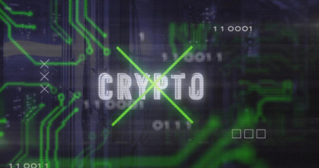 Displaying CRYPTO text pulsing under green X in data center, with circuit traces and binary digits. Futuristic, technology, digital, cyber, network, neon, innovationの写真素材