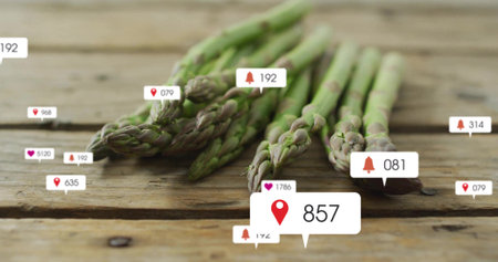 Displaying fresh asparagus spears resting on rustic wood table. Produce, health, farm, organic,...