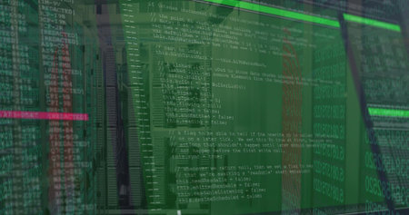 Lining server racks down data center aisle, with programming code overlay and blinking LEDs. Technology, cybersecurity, infrastructure, digital, it, innovation, networkの写真素材