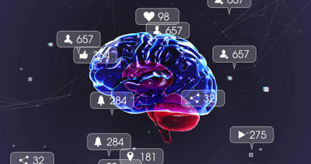 Floating 3D-rendered brain model glowing in digital network space, with social media notifications....