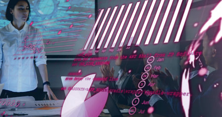 Presenting woman in white shirt showing charts on screen in conference room with laptop, copy space....