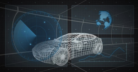 Floating wireframe car model over gray grid workspace, with radar HUD, globe and line-chart panel....