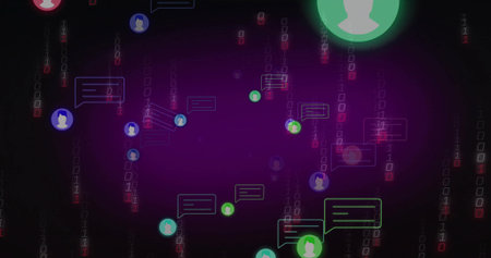 Floating user avatars and chat bubbles hovering in interface, with binary code streams. Digital,...