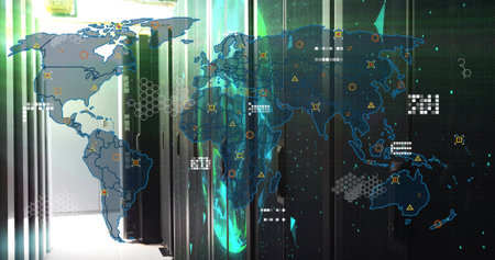 Illuminating server racks in data center, with world map overlay, network icons and hex patterns....