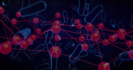 Displaying network connecting red spherical nodes with red lines on navy field, with blue cylinders....