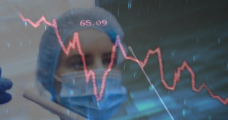 Positioning swab next to sample tube in lab, gloved masked tech showing red graph. Medical, diagnostics, laboratory, analysis, healthcare, research, clinicalの写真素材