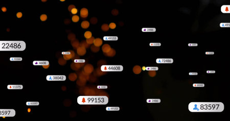 Floating notification badges showing user bell thumbs-up icons in graphic amid dark orange bokeh....