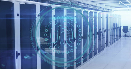 Displaying server cabinets running cabling along data center corridor, with fingerprint graphic....