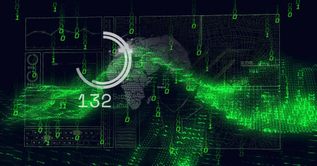 Displaying circular progress graphic showing 132 on digital interface with charts, map, binary bits....