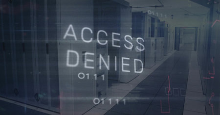 Digital ACCESS DENIED overlay hovering in data center corridor, with server racks and binary code. Cybersecurity, technology, futuristic, industrial, network, confidentiality, protectionの写真素材
